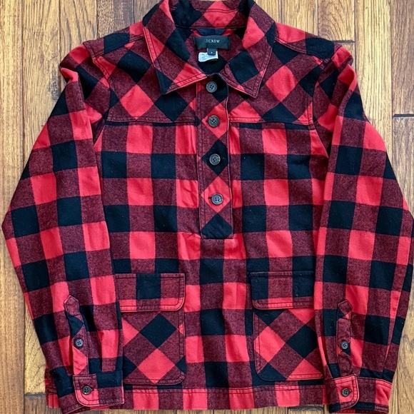 J. Crew Tops - J. Crew Sweater Womens Small Red Plaid 1/2 Button Pullover Shacket Pockets